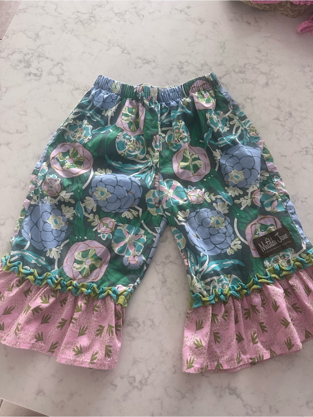 Matilda Jane Green, Blue & Pink Floral Ruffle Capris